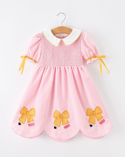 Girls Back To School Pencil Twirl Dress Bow Applique Smocked