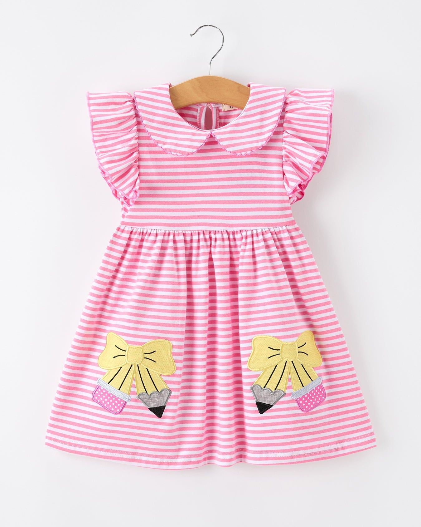 Girls Back To School Bow Pencil Twirl Dress Ruffle Petal Collar Applique