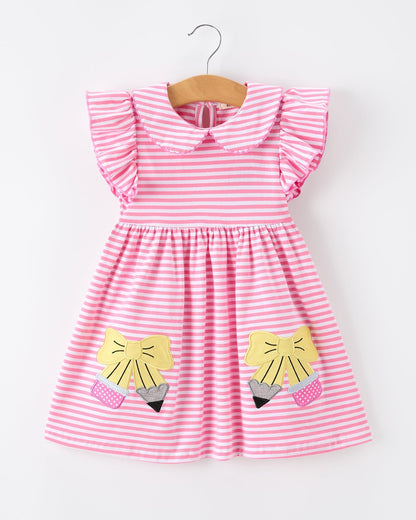 Girls Back To School Bow Pencil Twirl Dress Ruffle Petal Collar Applique