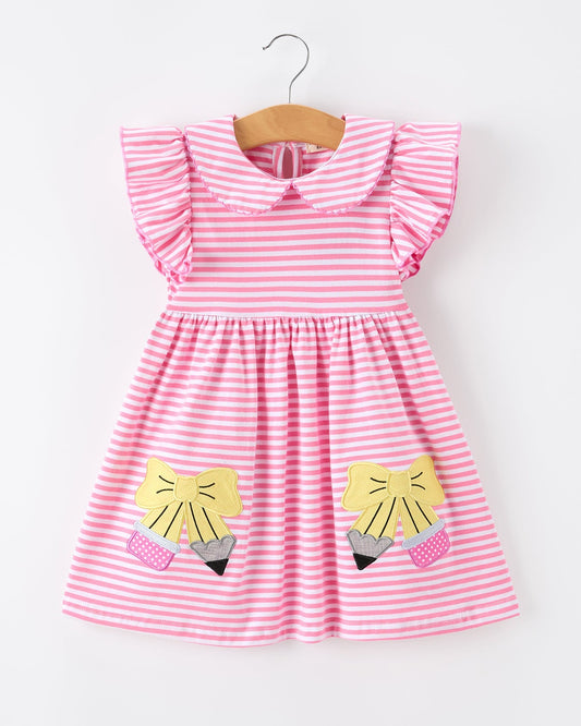 Girls Back To School Bow Pencil Twirl Dress Ruffle Petal Collar Applique
