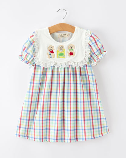 Girls Back To School Dog Plaid Twirl Dress