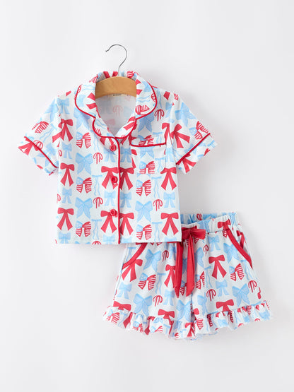 4th of July Bow Girls Pajama Set Short Sleeve Ruffle Shorts