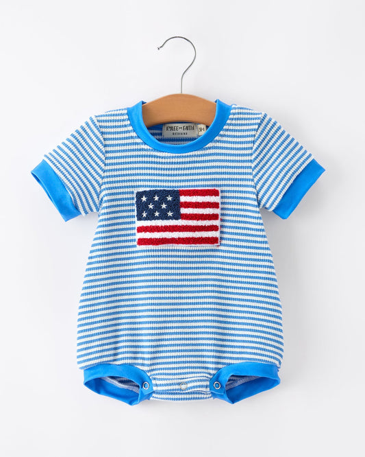 4th of July Flag Chenille Baby Boy Romper Blue Stripe