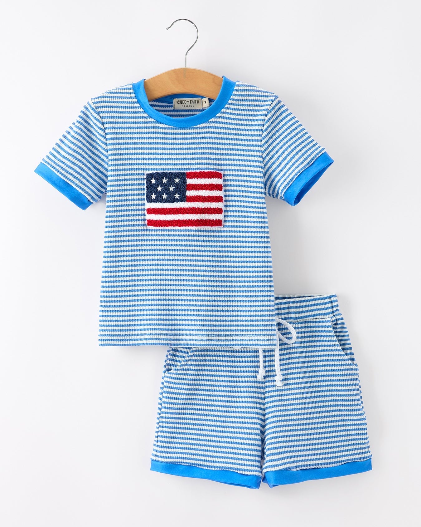 4th of July Flag Chenille Boys Set Blue Stripe Shorts