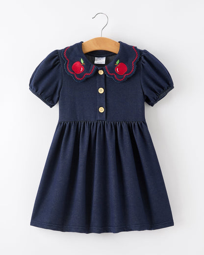 Back to School Apple Applique Girls Dress Petals Collar