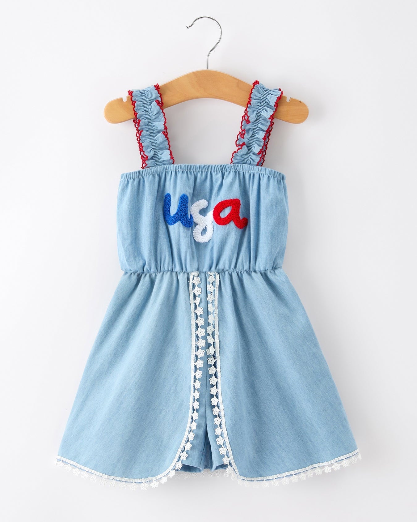 4th of July USA Chenille Girls Romper Dress Denim Lace Trim