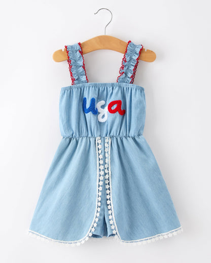 4th of July USA Chenille Girls Romper Dress Denim Lace Trim