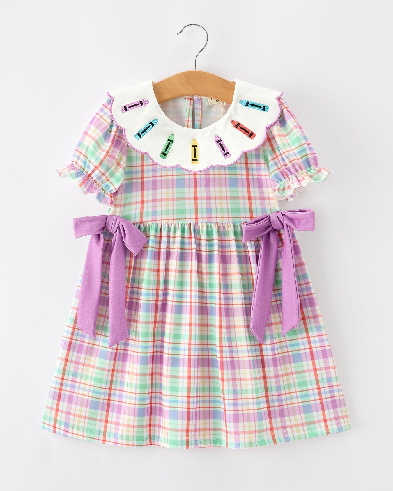 Back To School Plaid Crayon Embroidery Girls Dress Bow Puff Sleeve