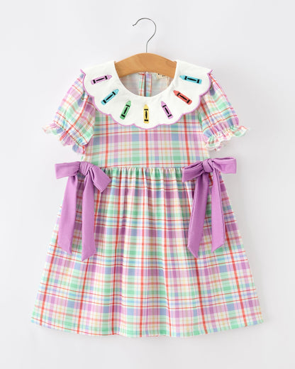 Back To School Plaid Crayon Embroidery Girls Dress Bow Puff Sleeve