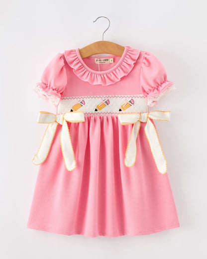 Back To School Embroidery Girls Dress Bow Ruffle Puff Sleeve