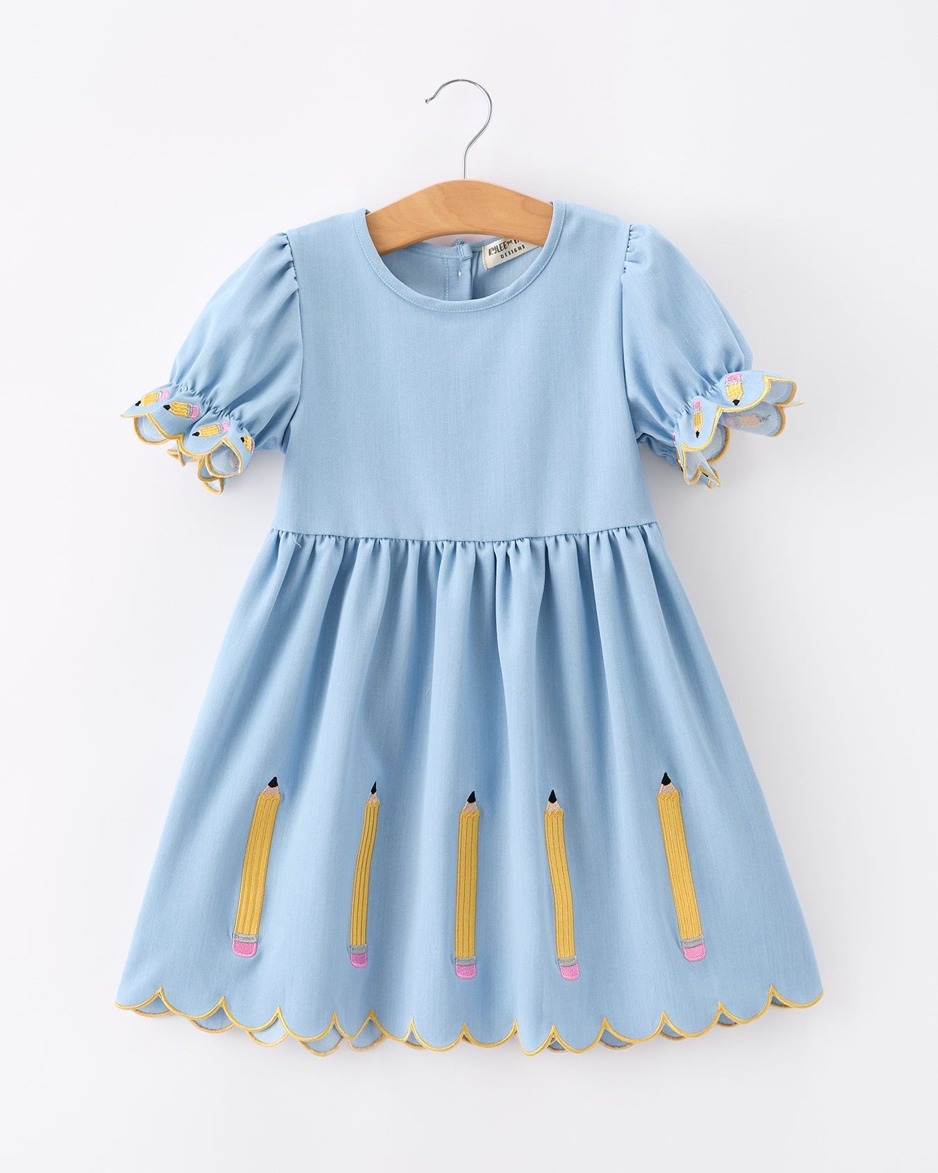 Back to School Pencil Applique Girl Dress Scallop Hem