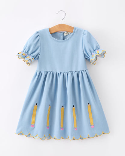 Back to School Pencil Applique Girl Dress Scallop Hem