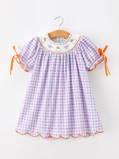 Halloween Ghost Plaid Bow Scallop Girls Dress