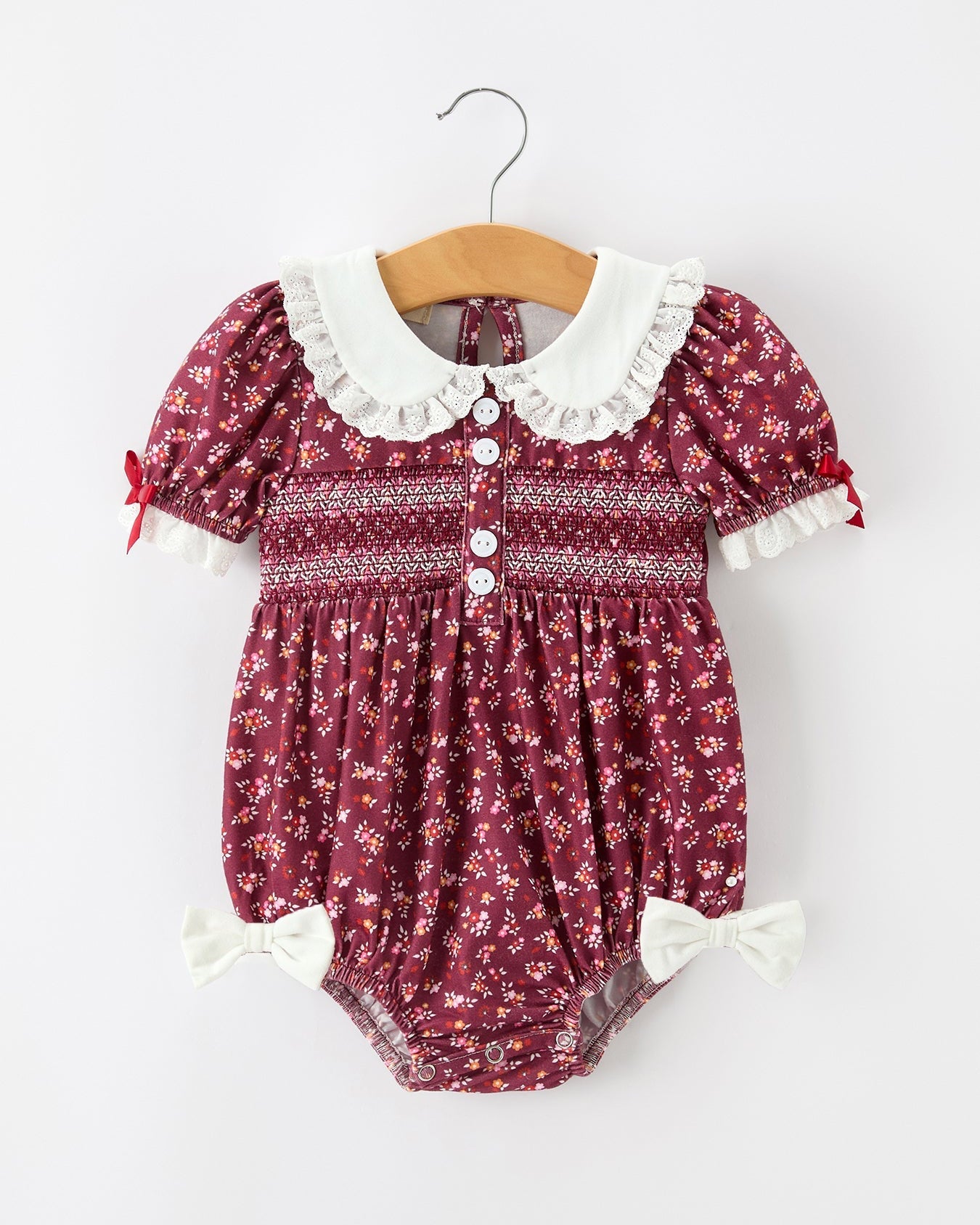 Burgundy Floral Smocked Baby Girl Bubble Romper Peter Pan Collar