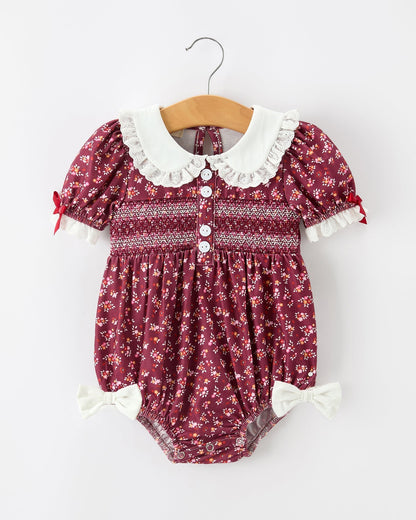 Burgundy Floral Smocked Baby Girl Bubble Romper Peter Pan Collar