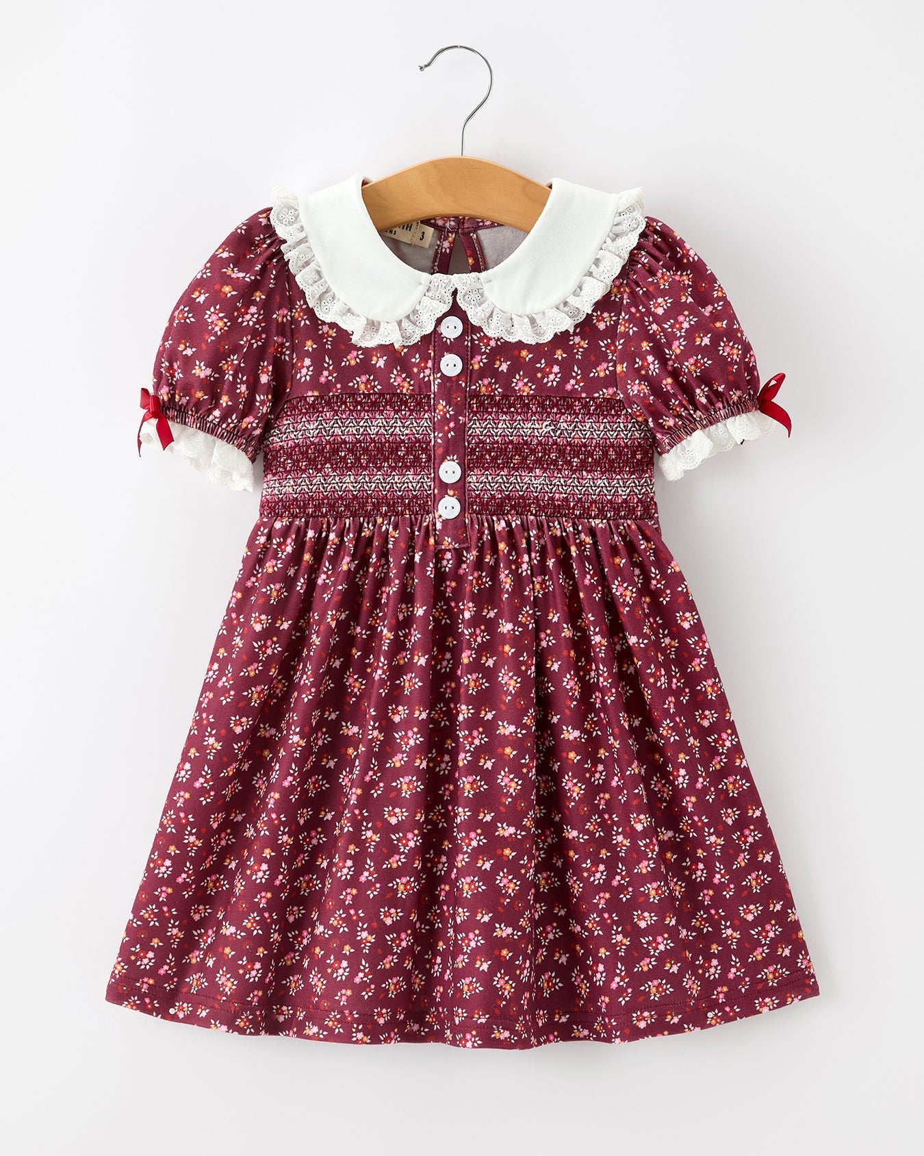 Burgundy Floral Smocked Girls Dress Peter Pan Collar Lace Trim