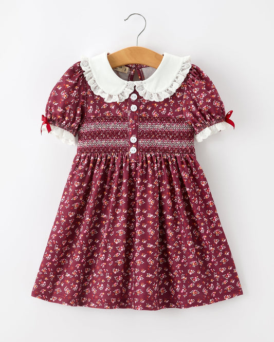 Burgundy Floral Smocked Girls Dress Peter Pan Collar Lace Trim