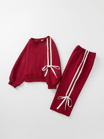 Girls Pink Bow Trim Sweatshirt and Pants Set