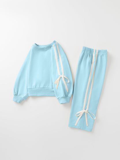 Girls Pink Bow Trim Sweatshirt and Pants Set