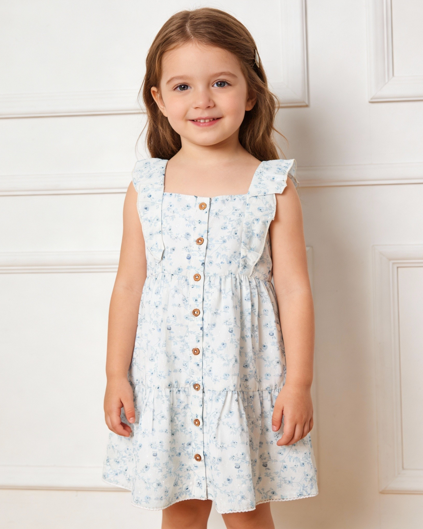 Organic Flutter Buttoned Tiered Dress - Ivy Floral