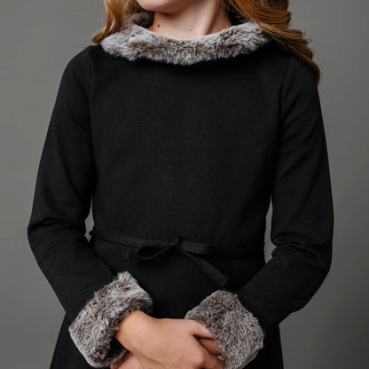 Long Sleeve Ponte Dress with Faux Fur - Baby