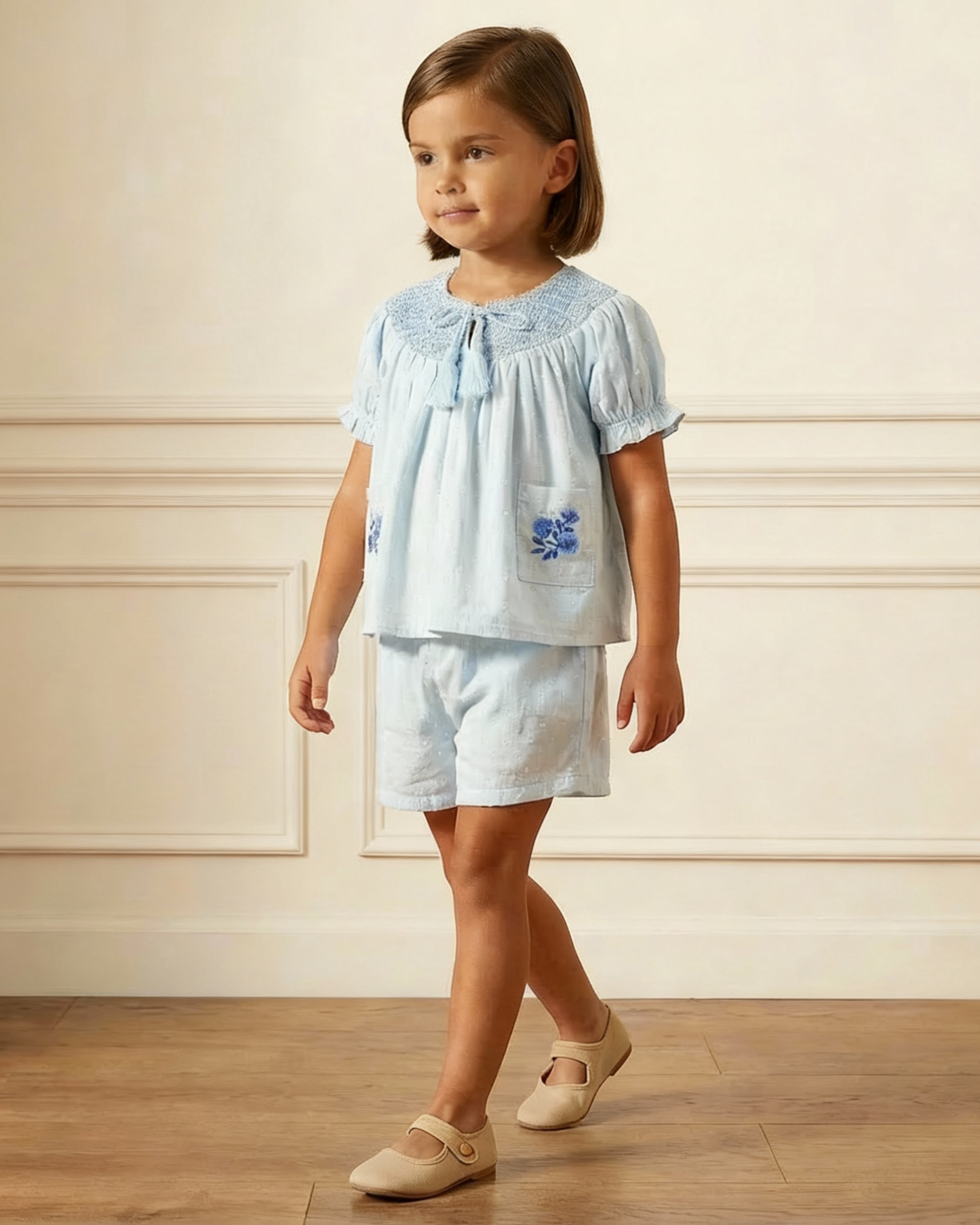 Organic Smocked Top & Shorts Set - Light Blue