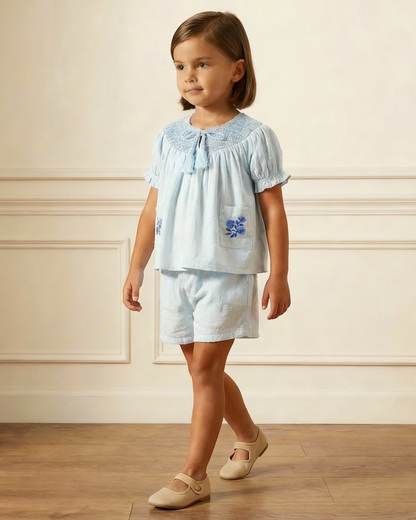 Organic Smocked Top & Shorts Set - Light Blue