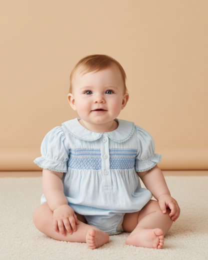 Organic Smocked Button Romper - Light Blue