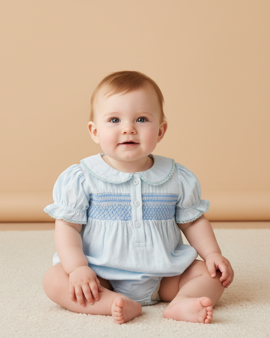 Organic Smocked Button Romper - Light Blue