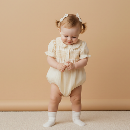 Organic Smocked Button Romper - Butter Yellow