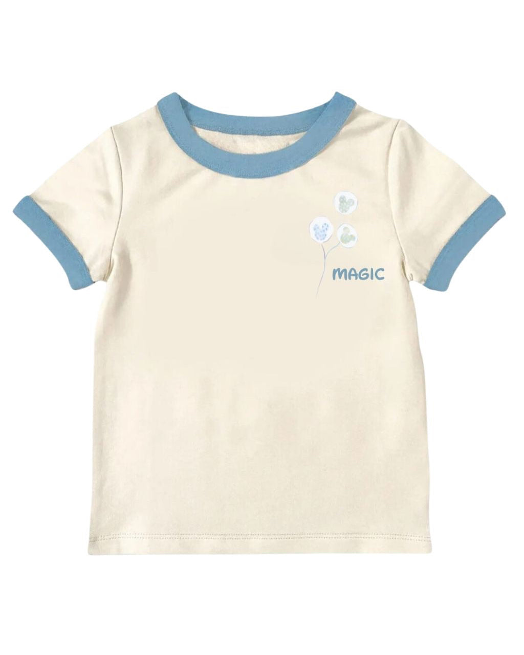 Beige t-shirt with blue trim and 'Magic' text on a white background