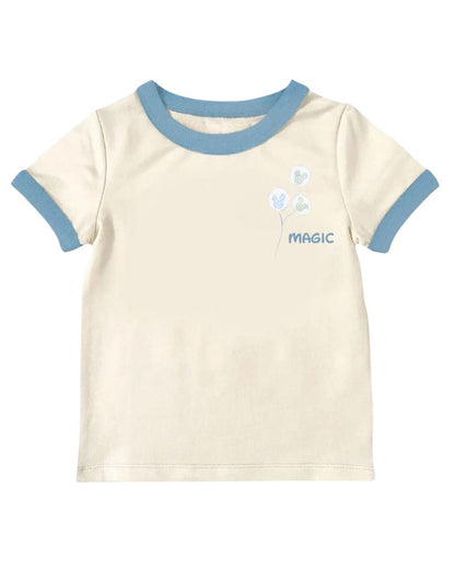 Beige t-shirt with blue trim and 'Magic' text on a white background