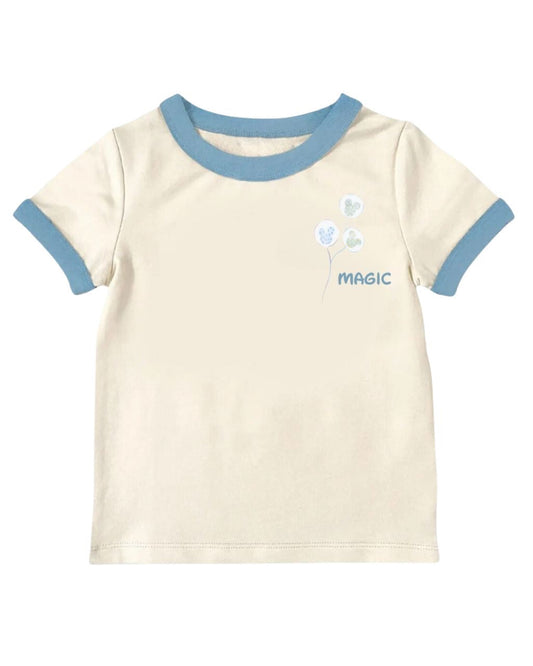 Beige t-shirt with blue trim and 'Magic' text on a white background