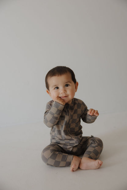 Bamboo Zip Pajamas | Faded Brown Checkerboard