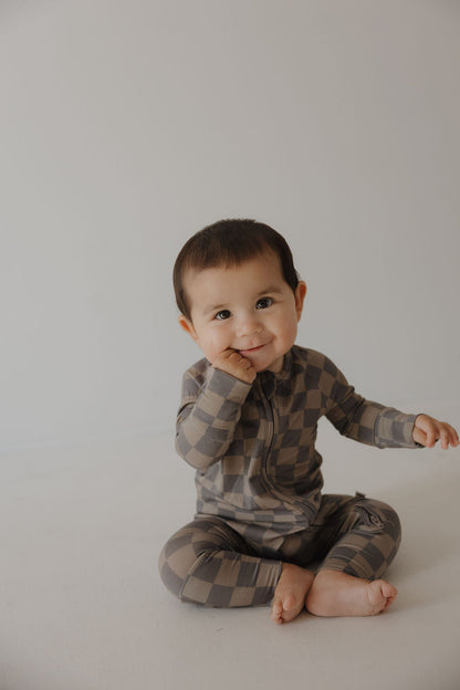 Bamboo Zip Pajamas | Faded Brown Checkerboard