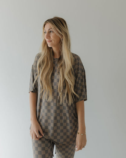 Short Sleeve Women's Bamboo Pajama | Faded Brown Checkerboard