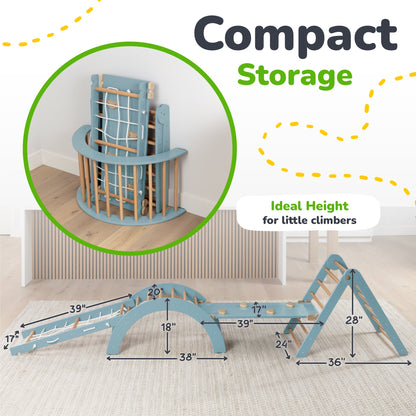 Children's play structure with dimensions and 'Compact Storage' text on a light background