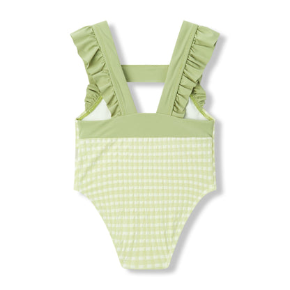 Green Gingham Ruffle Square Neck Swimsuit