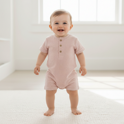 Organic Short Bubble Romper - Coral Stripes
