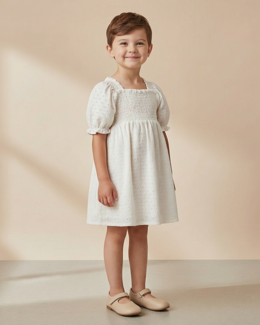 Organic Eyelet Bubble Sleeve Dress - Ivory Eyelet