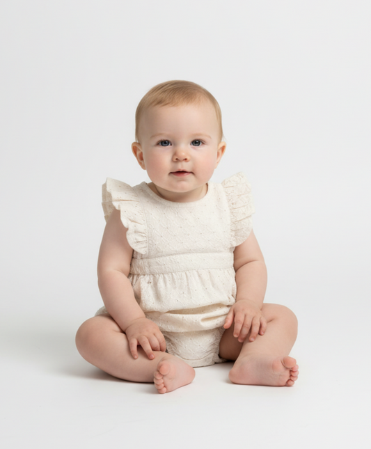 Organic Eyelet Flutter Romper- Ivory Eyelet