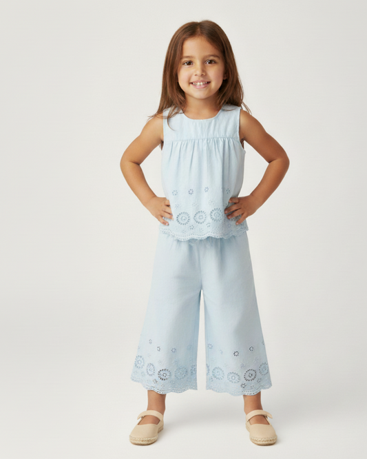 Organic Eyelet Top And Pant Set - Light Blue Eyelet