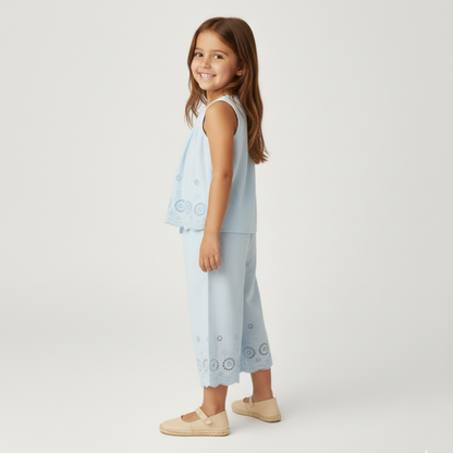 Organic Eyelet Top And Pant Set - Light Blue Eyelet