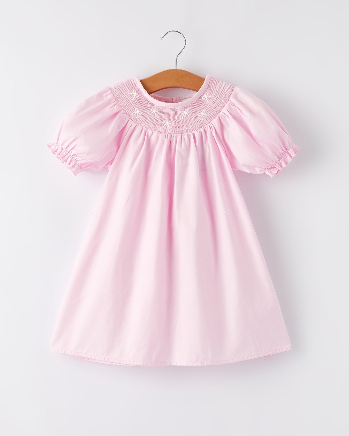 White Bow Smock Embroidered Pink Dress