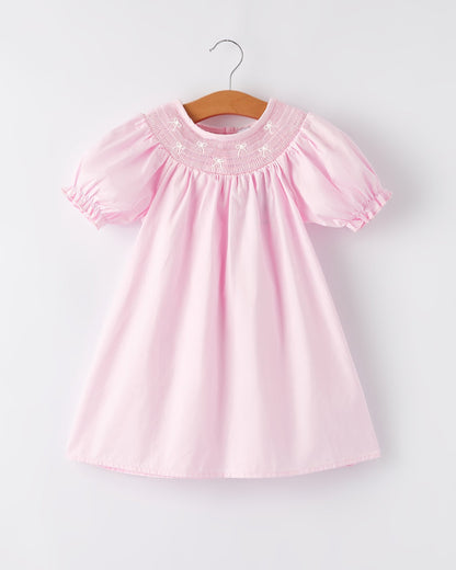 White Bow Smock Embroidered Pink Dress