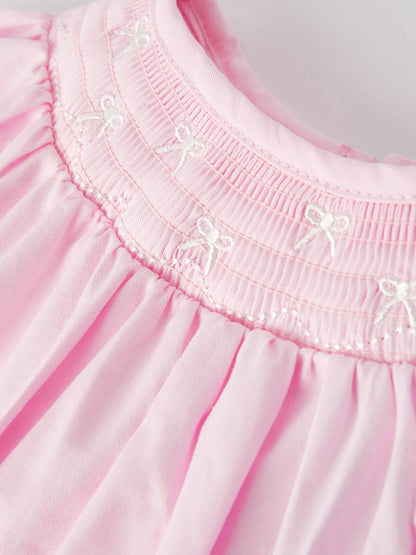 White Bow Smock Embroidered Pink Romper