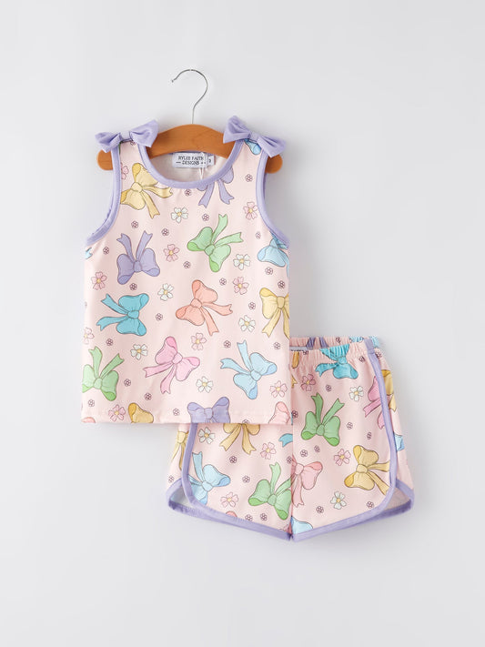 Girls Purple Bow Sleeveless Vest Top and Shorts Set