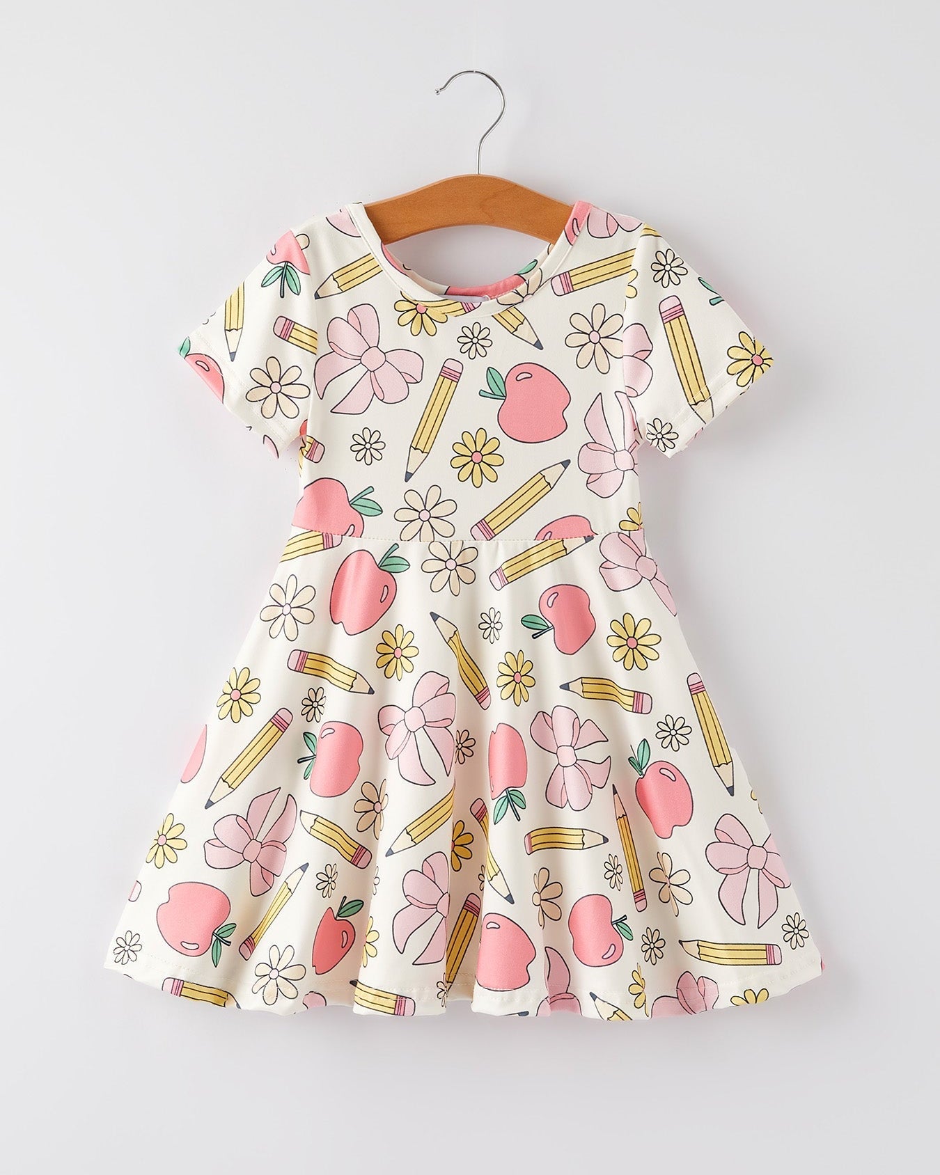Back to School Apple, Pencil, and Floral Print Girls Dress