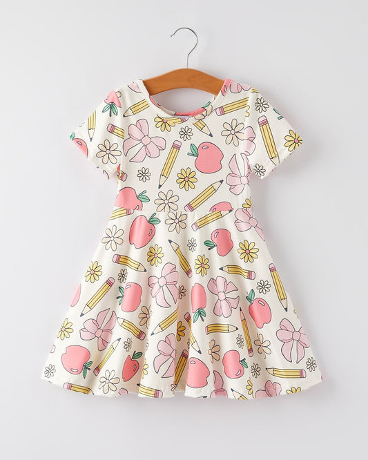 Back to School Apple, Pencil, and Floral Print Girls Dress