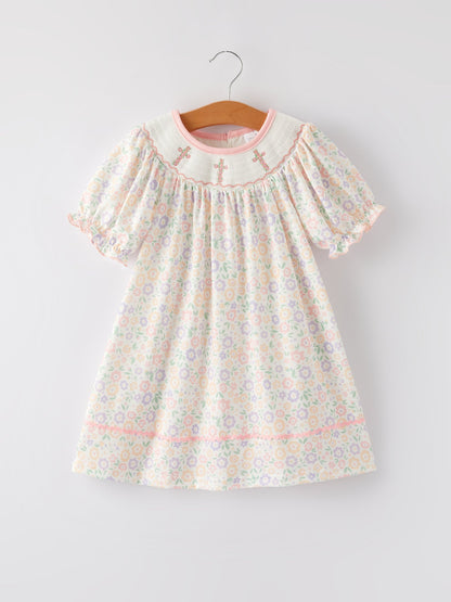 Spring Summer Cross Smocking Embroidery Colorful Dress